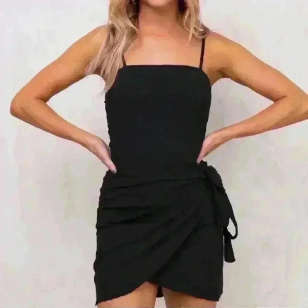 Princess Polly Black Linen Wrap Dress size 6 EUC‎